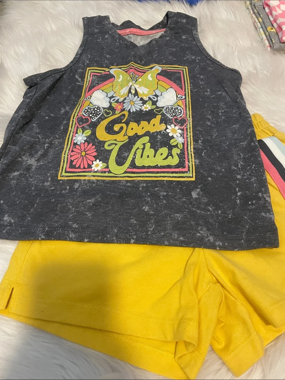 wonder nation Black 'Good Vibes' Graphic Tank with Yellow Shorts